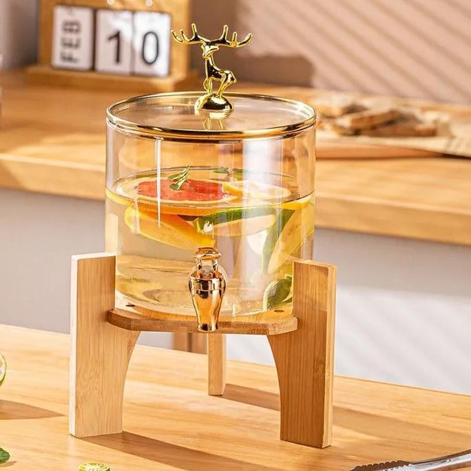 DISPENSER KETEL KACA PENYIMPANAN AIR DINGIN JUICE TATAKAN KAYU