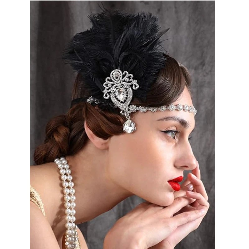 1920s Feather Headpiece Black, Womens Ostrich Feather Crystal Headband, Great Gatsby Hair