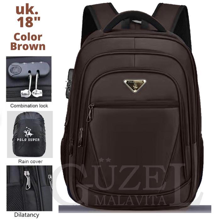Tas Ransel Laptop POLO SUPER 18 INCHI EXPANDABLE Material MICRO VIBER tebal GRATIS Kunci Kombinasi +