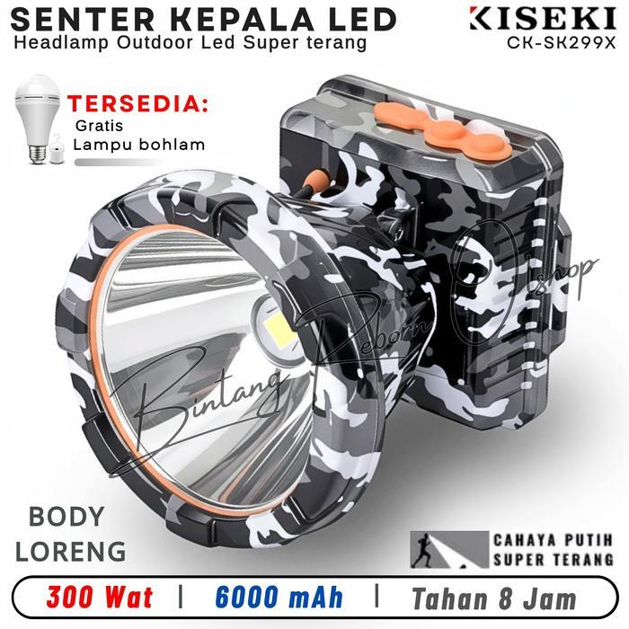 KISEKI Senter Kepala LED CK-SK299X 300 Watt Baterai 6000mAh Tahan 8 Jam Body Loreng Cocok Outdoor