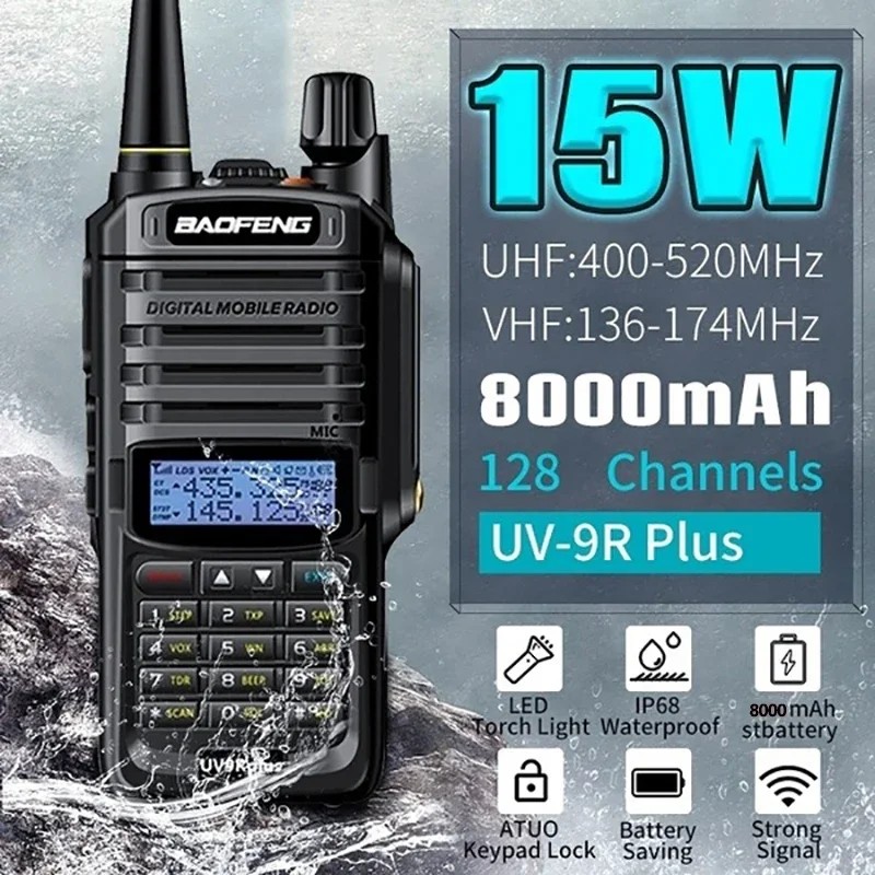 Baofeng UV-9R Plus 15W IP68 Waterproof Walkie Talkie Dual Band 16KM Long Range Portable VHF/UHF