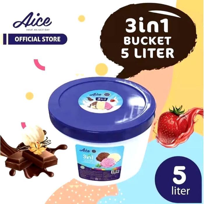 Aice 3in1 Bucket 5 Liter - Ice Cream dengan 3 Rasa Vanila Coklat & Strawberry, Kitchenware Aice