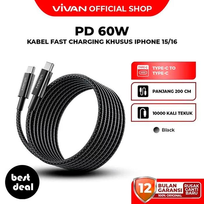 Koopgadget - Vivan Vorcc200 Usb-C To Usb-C 2M / 200Cm Fast Charging Kabel Data Cable Type-C To