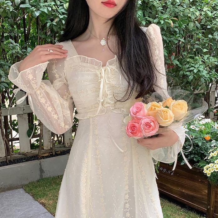 Dress Midi Cream Wanita Lengan Pendek Dan Lengan Panjang Kondangan Brukat Gaun Pesta Mewah Casual