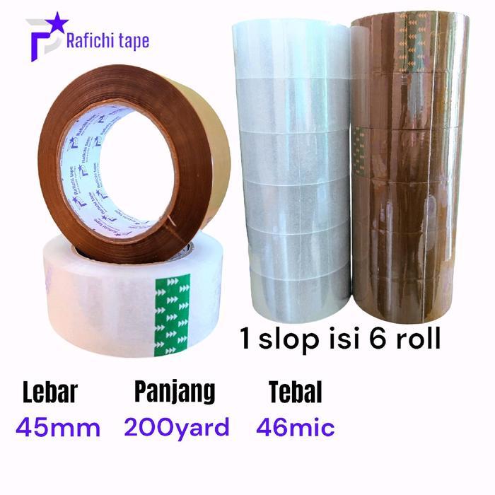Rafichi Lakban Jumbo Ukuran 45x200y Warna Bening dan Coklat 1 Slop isi 6 Pcs Daya Rekat kuat