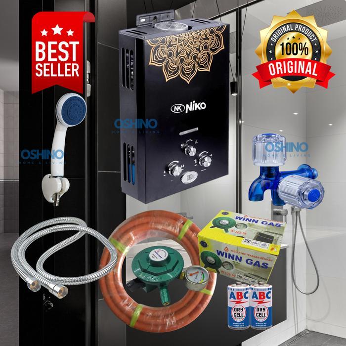 Paket Komplit Water Heater Niko Berwarna Hitam dengan Pemanas Air Gas untuk Kamar Mandi, Dilengkapi 