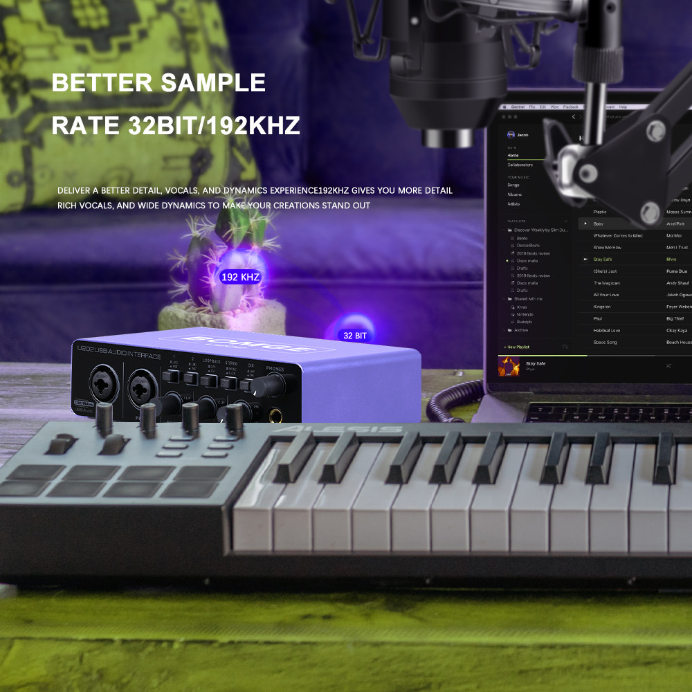 BOMGE U202-P USB Audio Interface 32-Bit/192kHz Resolution with Mic Preamplifier XLR/TSR/TS