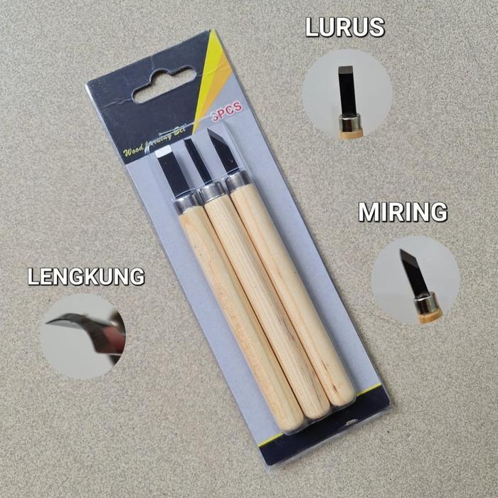 Pisau Ukir Pahat Ukir Mini Gagang Kayu 3 pcs