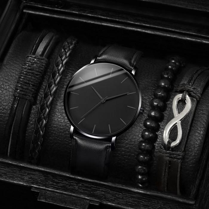 2PCS Jam Tangan Gaya Bisnis Pria Kaca Jam Tangan Mewah Klasik Ultra Tipis Hitam Jam Tangan Paduan