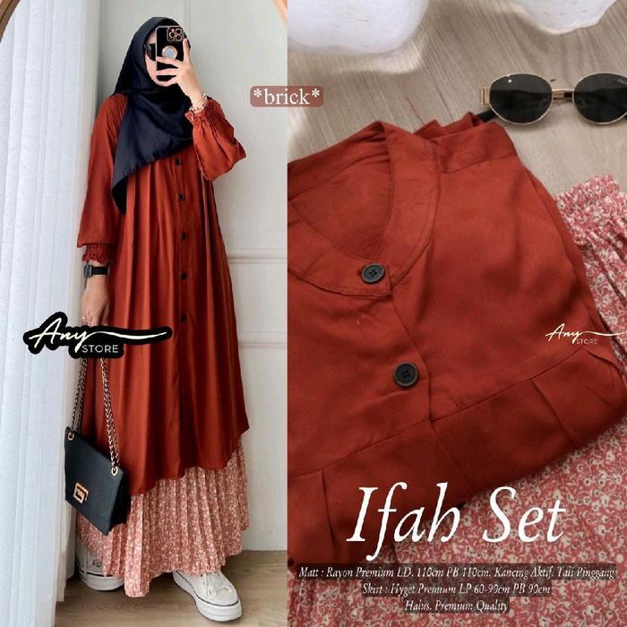 ifah one set tunik dan rok by A.N.Y store long tunik rayon rok plisket motif bunga skirt plisket