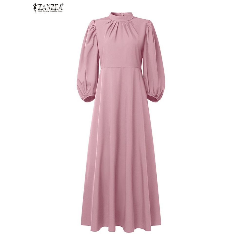 2025 ZANZEA Elegant High Waist Pleated Party Dress Fashion Women Long Lantern Sleeve Muslim Dress
