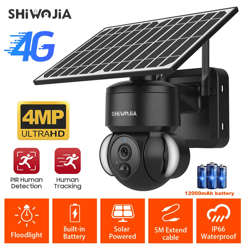 SHIWOJIA 4MP WIFI Solar Camera 4G Sim Card PIR Human Detection Solar Battery Security Camera CCTV