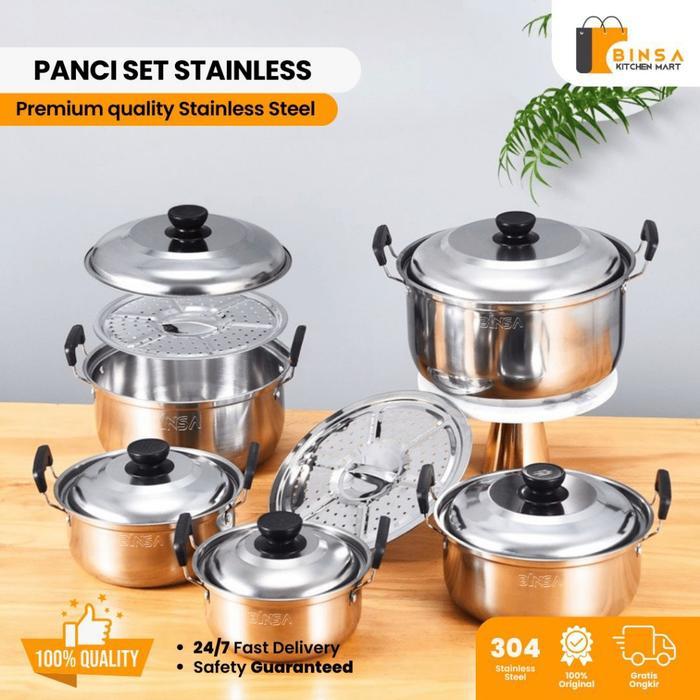 BINSA - Panci Rebus Set Stainless isi 5 pcs Anti Lengket Kukusan Sup Daging 272