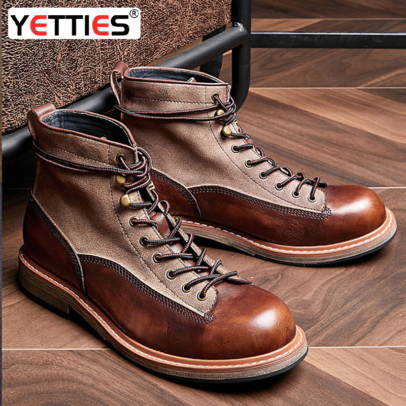 Yetties Men'S Motorcycle Boots Genuine Leather British Vintage Ankle Boots High-Top Workwear Boots