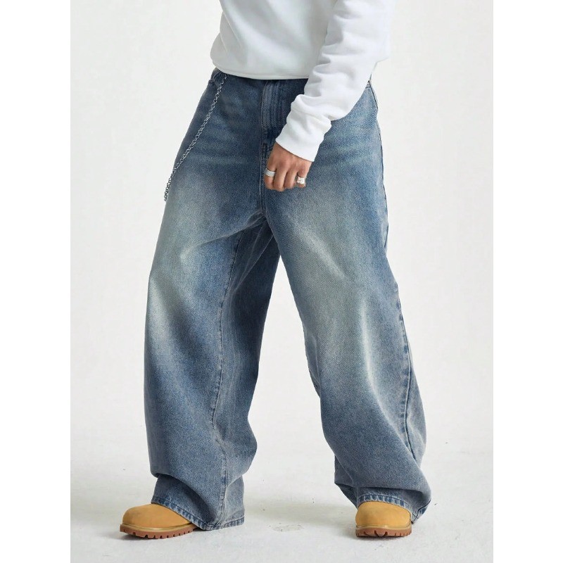 Men's Wide Pants Brushed Jeans Wide Jeans Y2K New Rocks Jeans Buggy Black Hip-Hop Pants