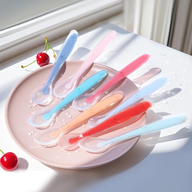 9 Colors Baby Silicone Spoon Learning Spoon Star Pattern Large Small Spoon Set Soft Silicone Feeding
