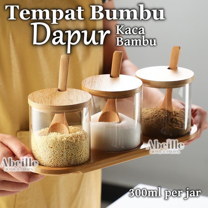 (PROMO RAMADHAN) TEMPAT WADAH BUMBU DAPUR KACA KAYU SET GLASS SEASONING JAR PREMIUM TERMURAH