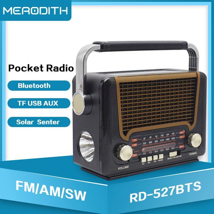 Radio Portabel 527Bts Fm/Am/Sw Radio Jadul Bluetooth Speaker Solar Senter Usb Tf Free Baterai 800Mah