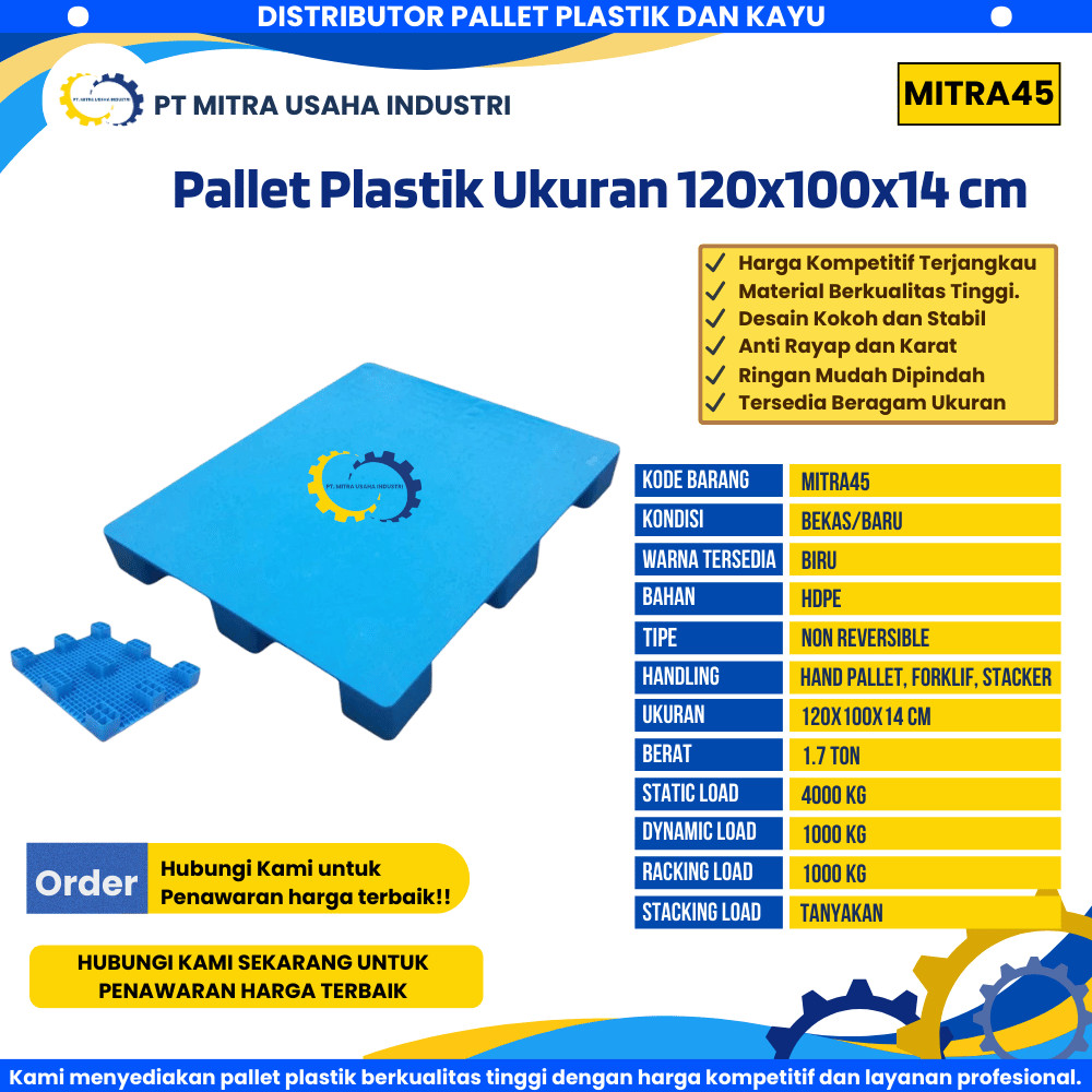 Pallet Plastik Ukuran 120x100x14 cm Warna Biru - MITRA45