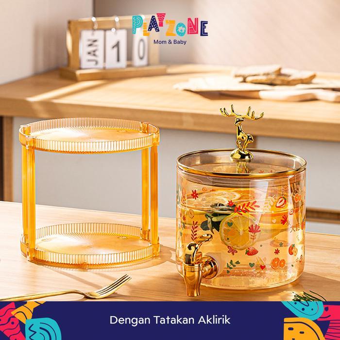 Play Zone Dispenser Air Kaca / Ketel Air Dingin Kaca Dengan Tatakan Kayu / Tempat Minuman Es Jus