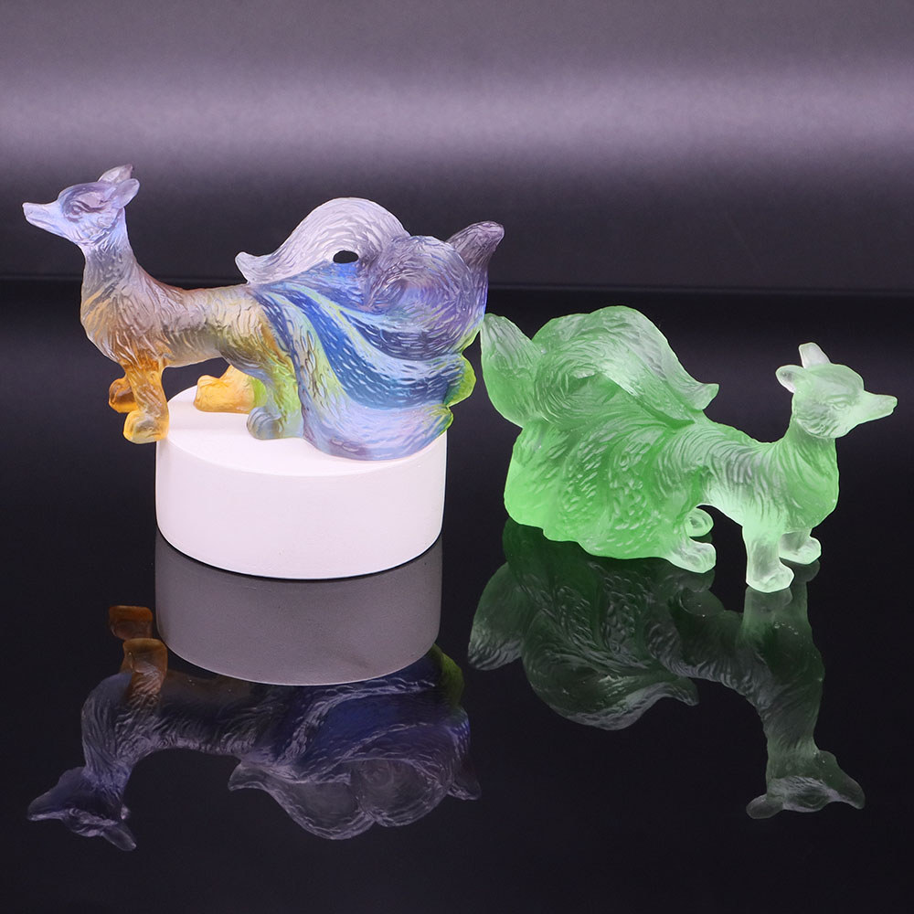 3.2" Liuli Crystal Nine-Tailed Fox Statue Exquisite Animal Figurine Crafts Home Room Amulet