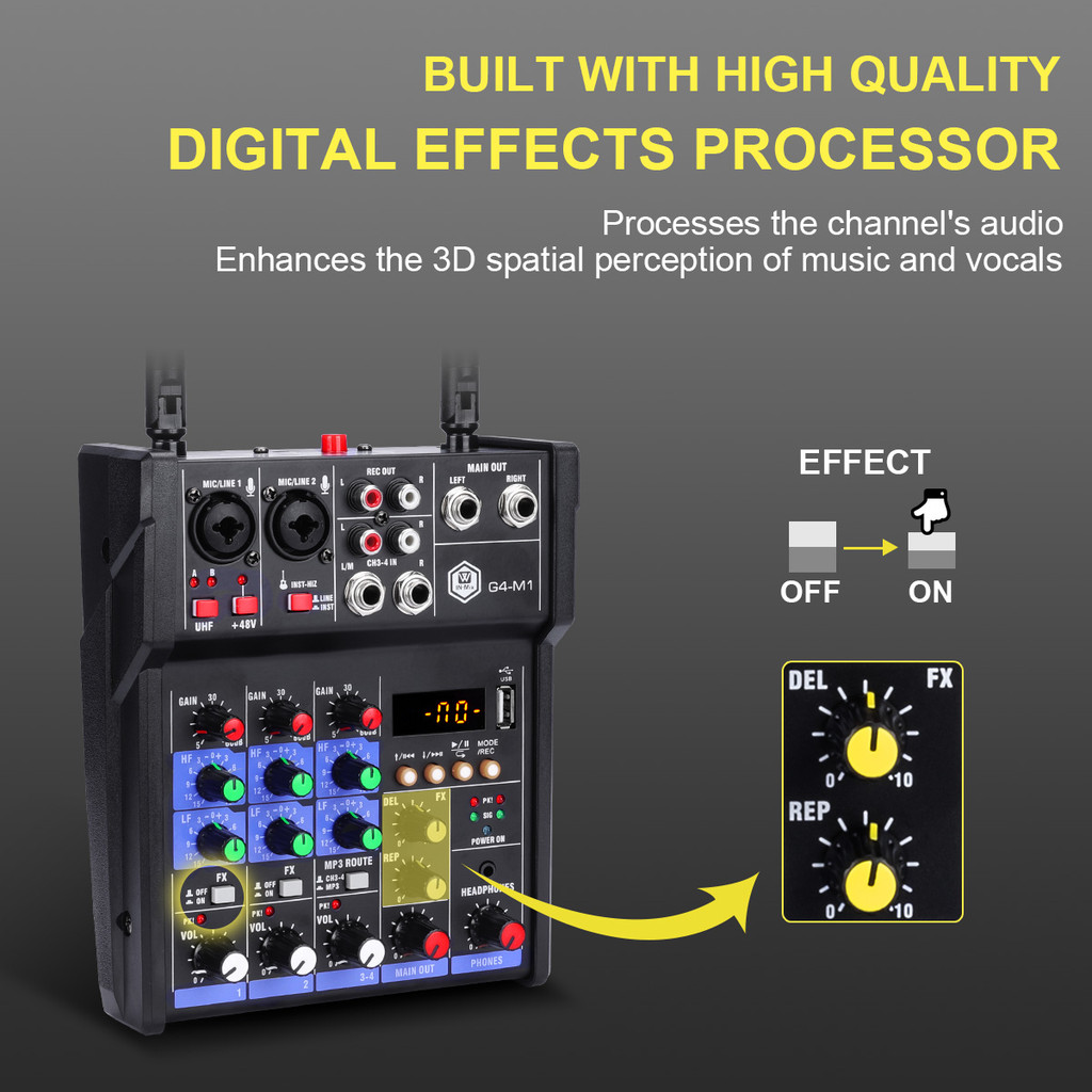 Winmix 4-Channel Audio Mixer Console with UHF Wireless Microphone Kit Bluetooth USB Audio