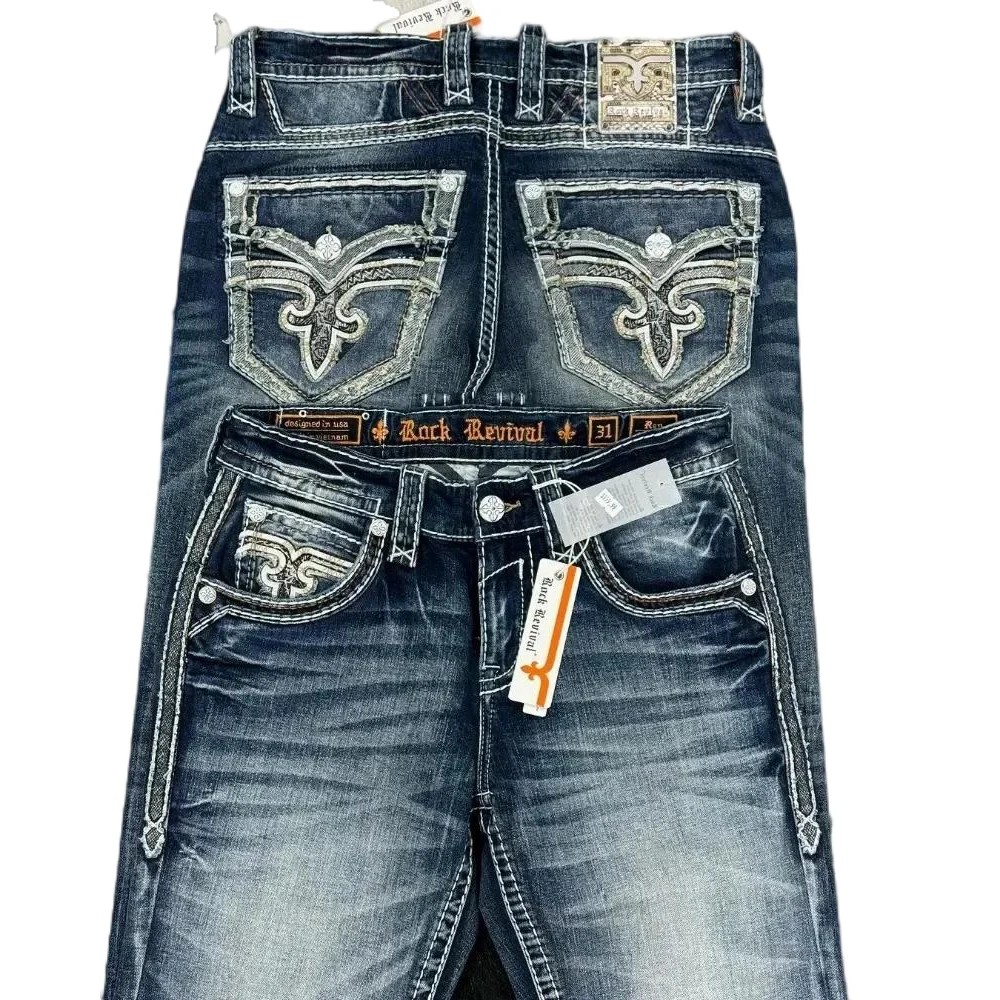 New American Style Street Wear Hip Hop Rock Revival Embroidered Jeans Loose Casual Y2k Wide Leg