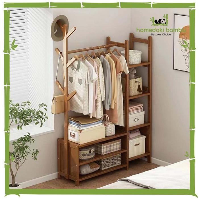 Homedoki Rak Gantung Baju Bambu/Rak Gantung Baju Kayu/Rak Gantung Baju Serbaguna/Stand Hanger