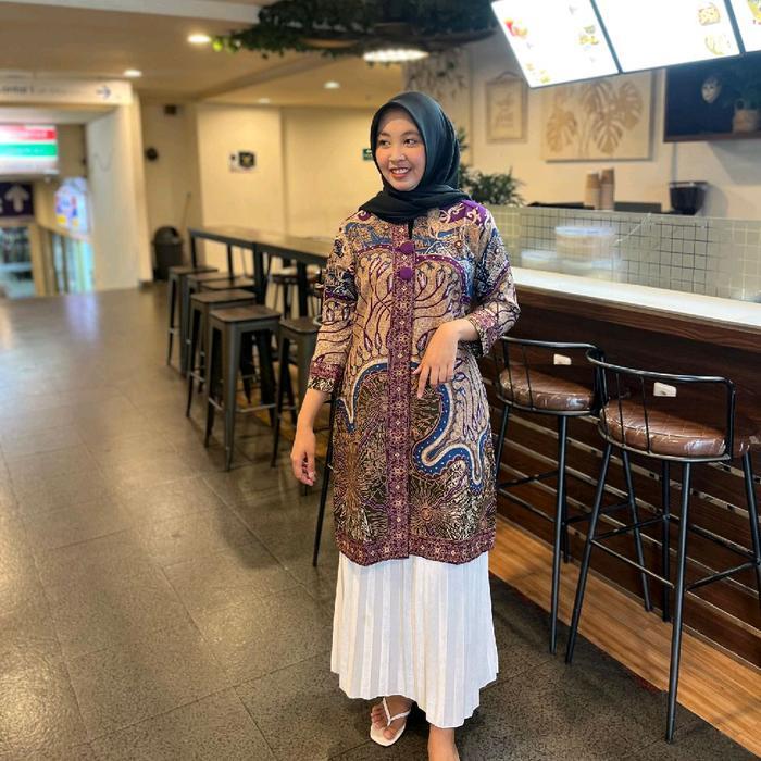 Batik Tunik model kancing depan bahan katun halus lembut lapis furing Trikot motif ungu coklat