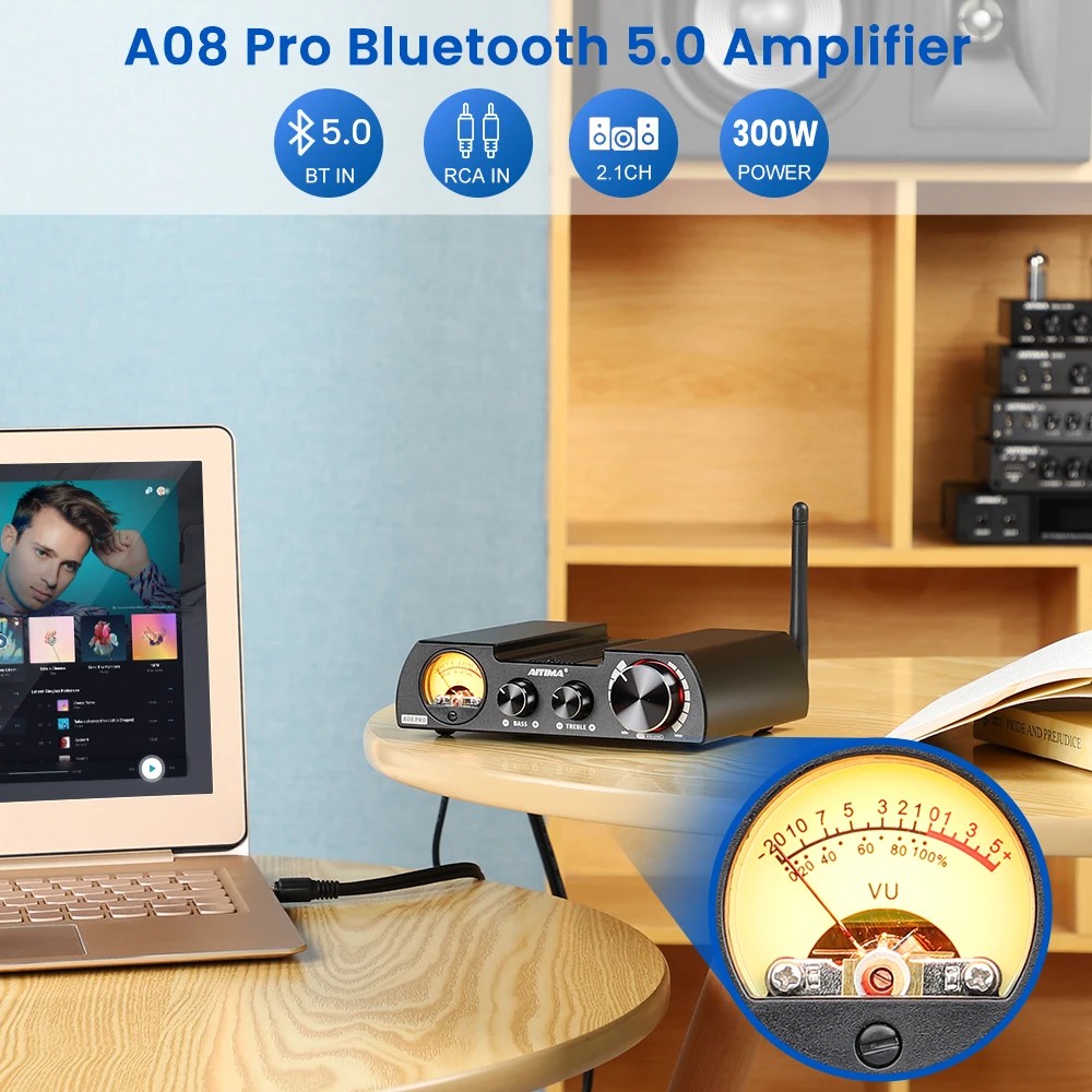 AIYIMA A08 Pro TPA3255 Bluetooth 5.0 Power Amplifier 300Wx2 VU Meter Amplify Stereo Audio Amplifier