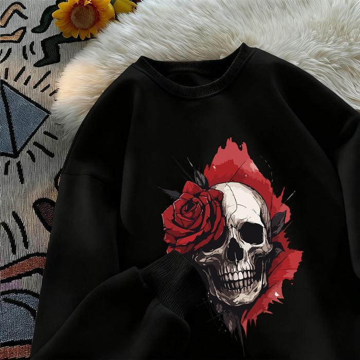 Sweater pria dan wanita Lengan Panjang Cetak tulang berbunga mawar Switer crewneck netral unisex