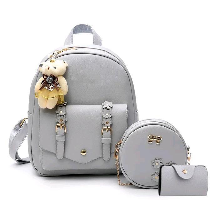 Backpack Set 3 In 1 Backpack Bandung Murah ( Louis Bunga) Tas Fashion Kulit Pink Ransel Wanita Tas