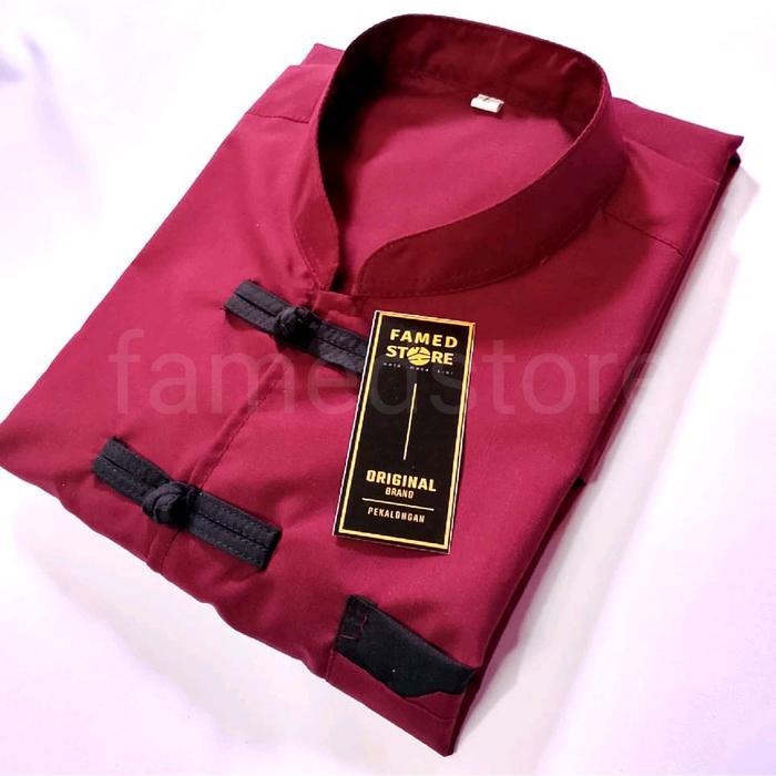 Premium Famedstore Baju Koko Muslim Cheong Sam Pria Lengan Pendek Kemeja Cina Maroon V2 Original