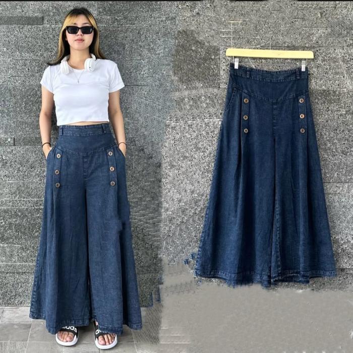 Alazka Palazzo Celana Kulot Jeans Jumbo Wanita Snow Black Bahan Lembut Nyaman Pinggang Karet Jeans