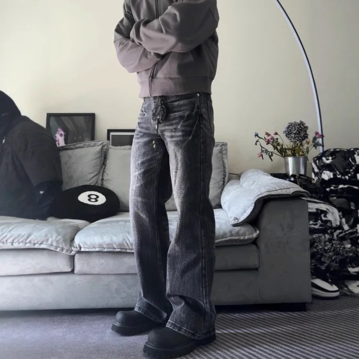 American High Street Washed Denim Jeans Men's Summer Straight Loose Micro Flare Long Pants Lightning