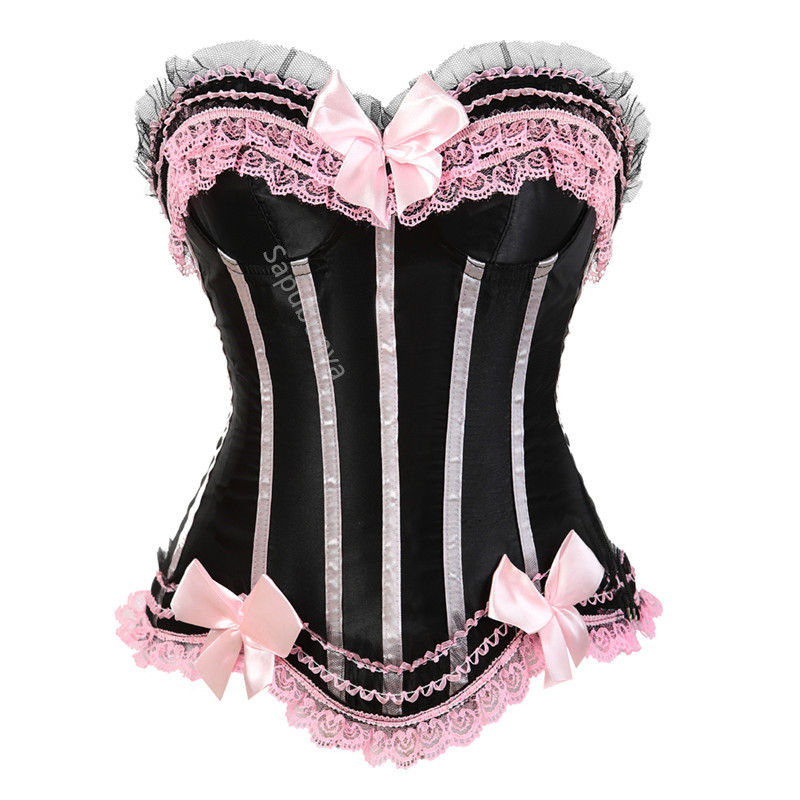 Sapubonva Lace Up Corsets Bustiers Top Satin Overbust Corset Striped Ladies Satin Halloween Big Size