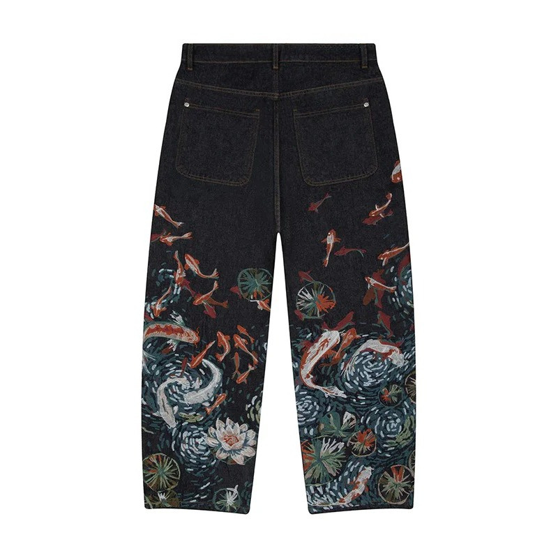 Y2K Loose Comfortable Jeans Vibrant Koi Fish Lotus Embroidery Chinese Style Wide Leg Jeans Men Women
