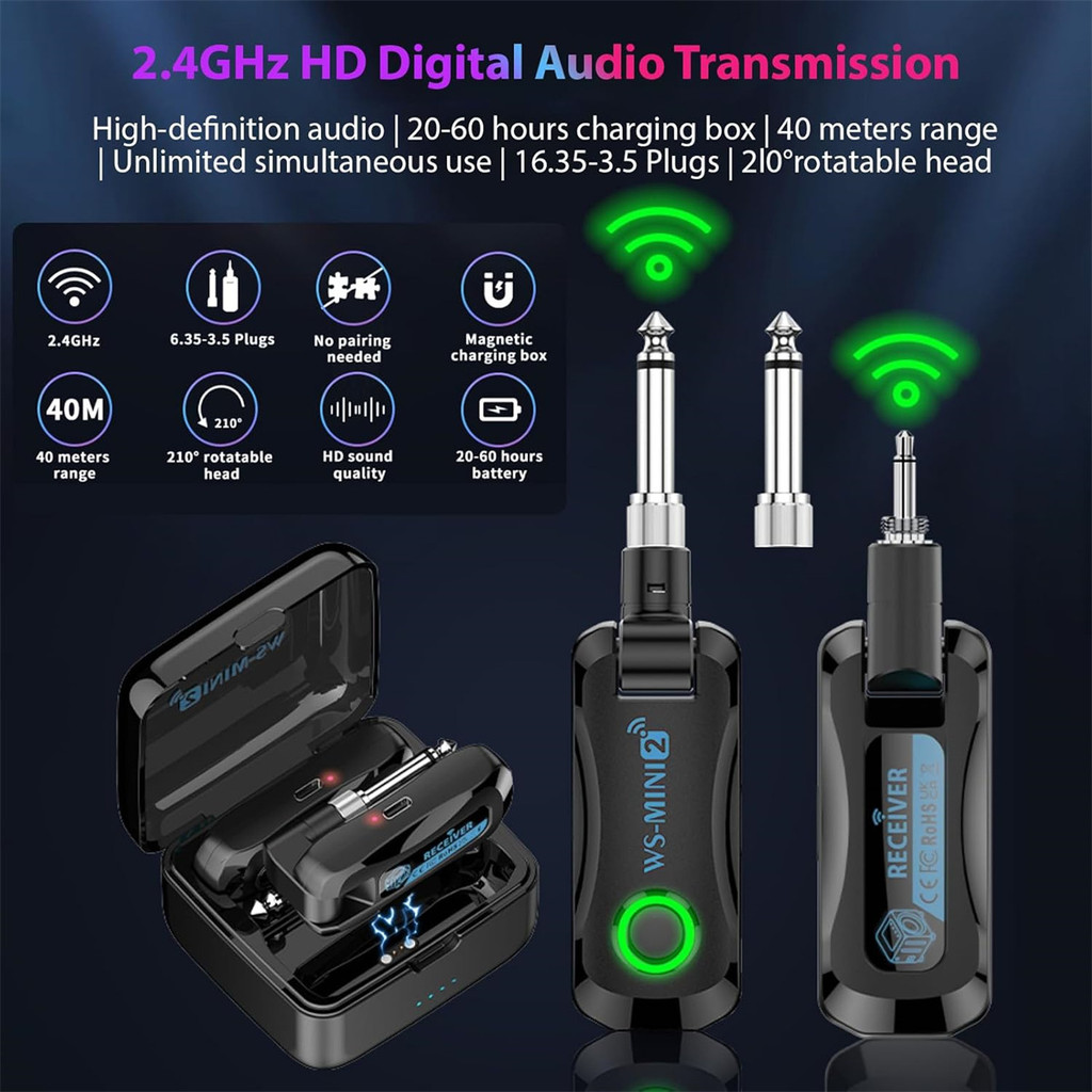 2.4GHz Wireless Guitar System (4 Channels), Rechargeable Transceiver, For Guitar, Bass & Electric