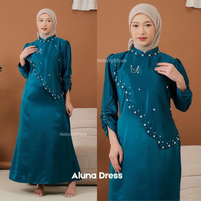 Aluna Dress Lebaran Elegan Mewah Gamis Simple Bridesmaid Burgundy Mahogany Emerald Remaja Muslim