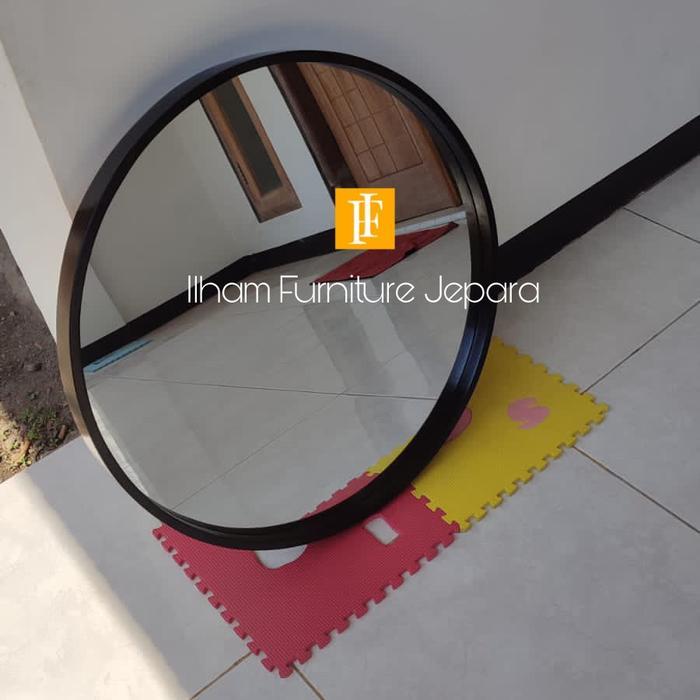 CERMIN BULAT KAYU JATI 80CM CAT HITAM / CERMIN DINDING