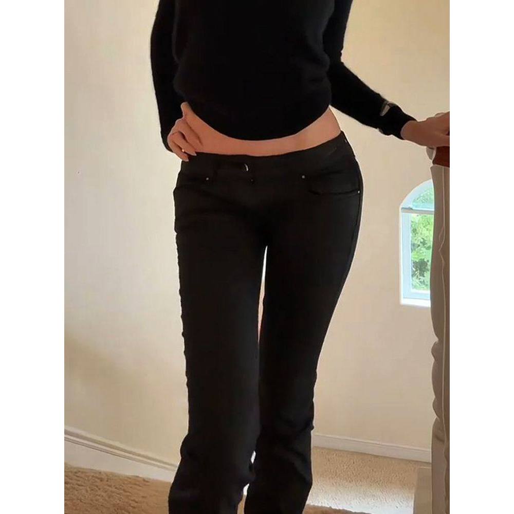Women's Denim Pants Low Rise Jeans American Retro Black Bootcut Jeans Y2k 2000s Harajuku Skinny
