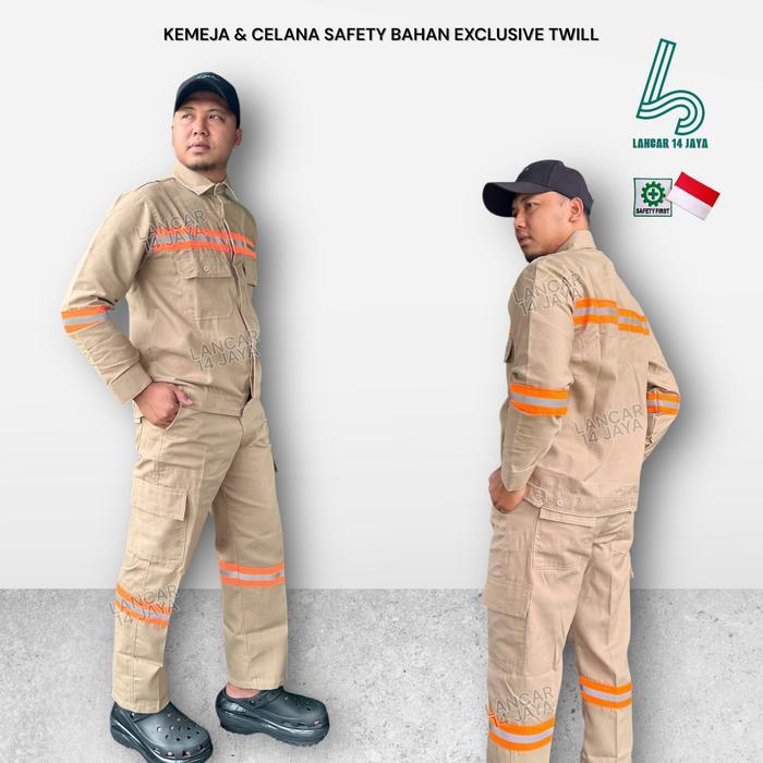 SAFETY Setelan Wearpack Safety Baju Safety Baju Kerja Katelpan Lis Oren Bordir K3 dan Bendera
