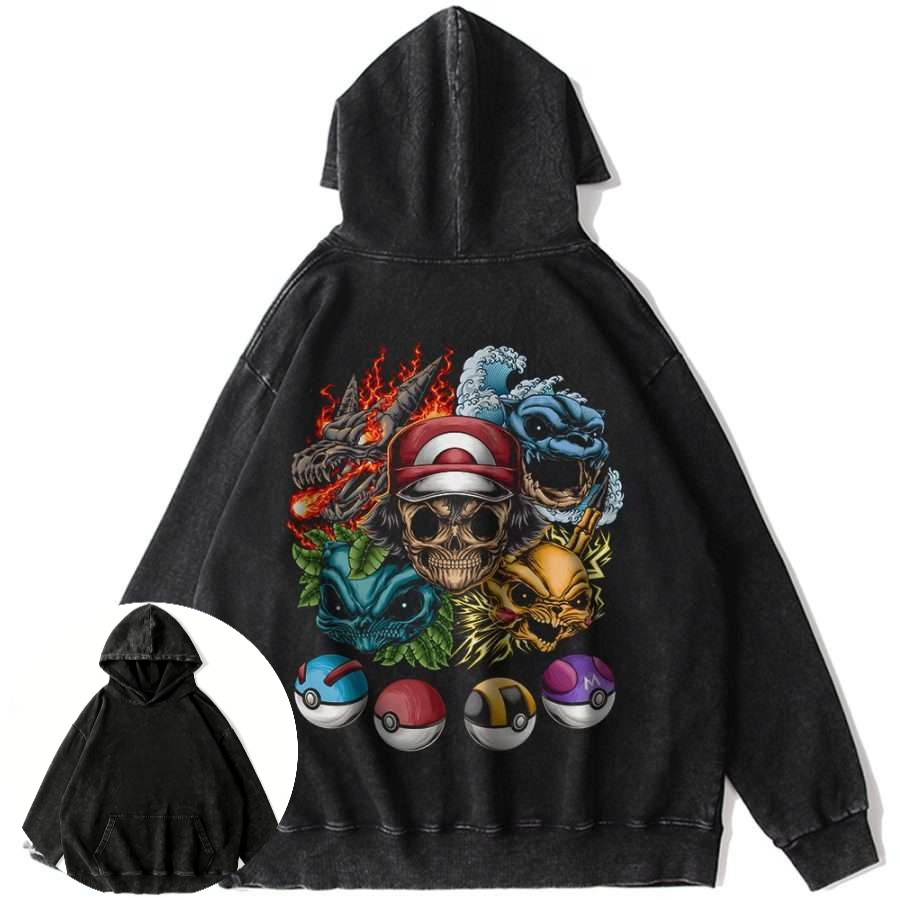 Men'S Washed Black Cotton Hoodie With Pokemon Anime Ash Ketchum Hat Skull And Colorful Creature