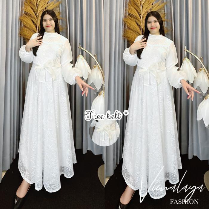 zeni Gamis Brokat Putih Kombinasi Organza 6291 Baju Muslim Vima