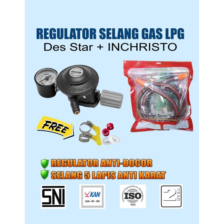 Ready Paket Regulator Selang gas yang aman dan bagus Des Star Kunci Hook+Inchristo 5 Lapis