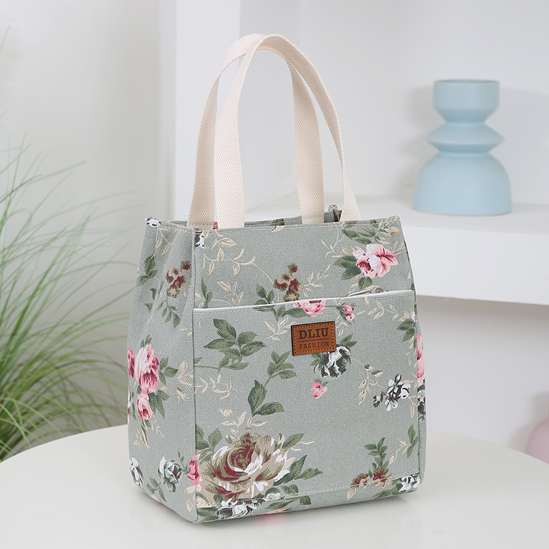 New Canvas Flower Printed Fabric Handbag, Work Portable Multi-Pocket Zipper Semi-Closed Daily