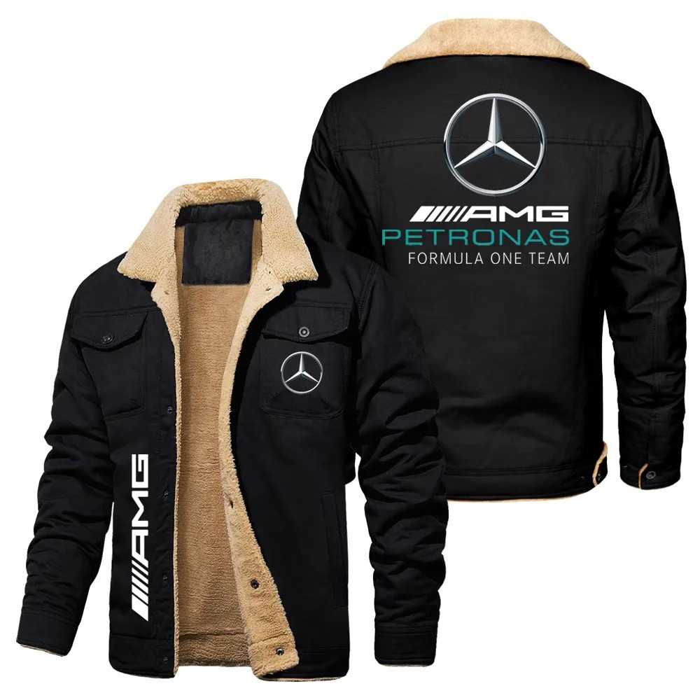 Mercedes Benz Logo Printed Mercedes AMG Jacket with Fleece Autumn and Winter Warm Men's Jacket Stand