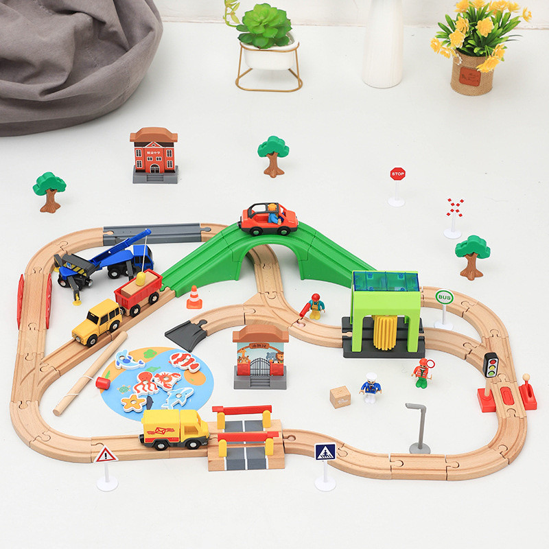 Wooden Track Train Set Car Wash Room Wooden Railway Car Educational Toys Compatible For Wooden Track