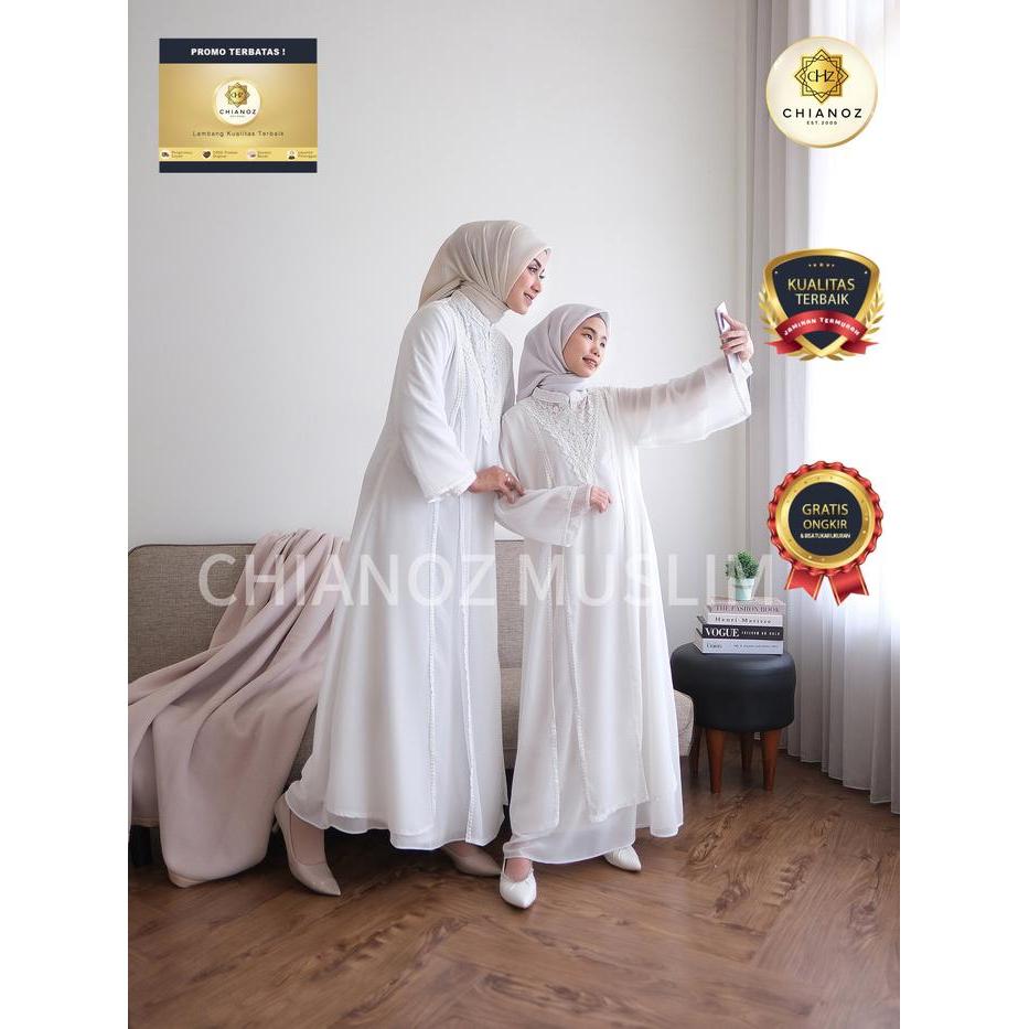 CHIANOZ Gamis Putih Couple anak Mewah Layla Dress Renda Baju Lebaran Umroh Haji Manasik Pesta Akad