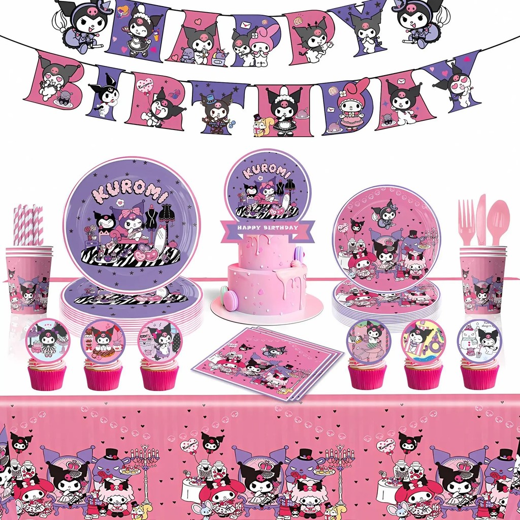 Kuromi Birthday Party Decoration Cinnamoroll Mymelody Balloon Disposable Tableware Plate Napkin